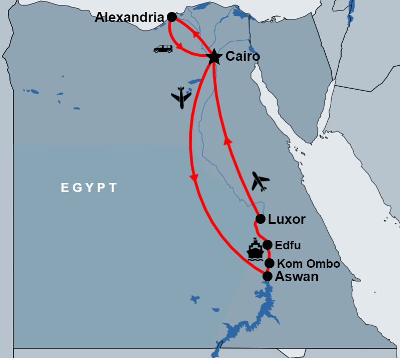 7 Day Cairo, Alexandria and Nile Cruise Tour Package by Flight map 7 Day Cairo, Alexandria and Nile Cruise Tour Package by Flight map